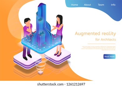 Isometric Banner Augmented Reality for Architects. Vector Illustration Man and Woman Working Architectural Project. Graphic Projection Building Structure City. Technology Future Work and Business