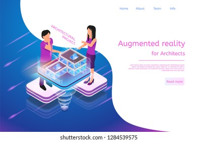 Isometric Banner Augmented Reality for Architects. Vector Illustration Man and Woman Working Architectural Project. Graphic Projection Building Structure City. Technology Future Work and Business