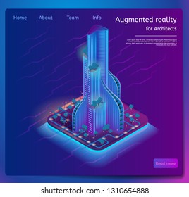 Isometric Banner Augmented Reality for Architects. Vector Illustration Futuristic City Building. Virtual Projection Construction New Raging Hous. Modern City Building in Neon Light