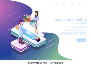 Isometric Banner Augmented Reality in Medicine 3d. Vector Illustration Doctor Examines Cancer Diagnosis Woman Patient. Technologies Future. Projection Biological Cell Detailed Study Human Disease