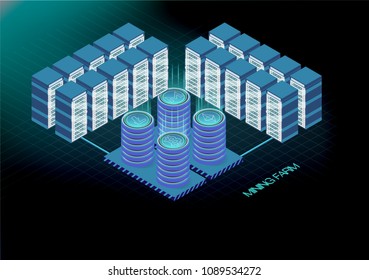 Isometric banner with bitcoin mining farm, cryptocurrency mining concept, financial isometric 3d vector. Ethereum Blockchain isometric, server room rack. Crypto currency mining farm server.