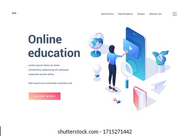 Isometric banner design with student using mobile app around educational items promoting website about online education isolated on white background