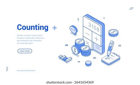 Isometric banner features counting elements including numeric displays, coins, and a notepad. The clean, modern design highlights financial activities and counting processes with clarity.