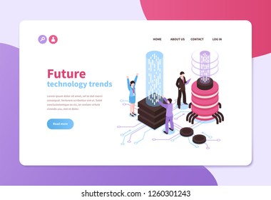 Isometric banner with future high technology trends and people using futuristic devices 3d vector illustration