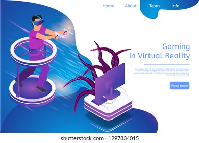 Isometric Banner Gaming in Virtual Reality in 3d. Vector Illustration Guy Playing Video Game TV Using Virtual Reality Glasses. Fighting Monster with Help Virtual Weapons. Future Entertainment Industry