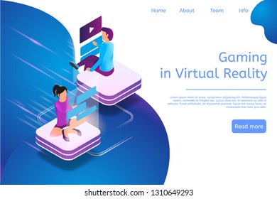 Isometric Banner Gaming in Virtual Reality in 3d. Vector Illustration Man and Woman Friend Chat Online. Modern Technologies Future for Communication People. Internet Allows You Keep Touch