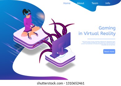 Isometric Banner Gaming in Virtual Reality in 3d. Vector Illustration Girl Playing Video Game TV Using Virtual Reality Glasses. Fighting Monster with Help Game Joystick. Future Entertainment Industry