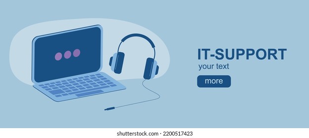 isometric banner laptop and headphones, wired and wireless headset, digital technology, IT, programming, help desk, user and customer support, IT analytics, software development, data science