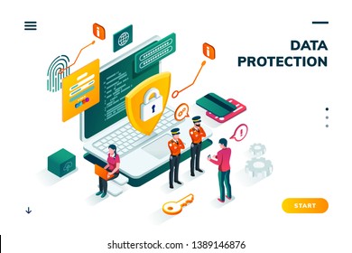 Isometric banner with notebook and policeman, shield in front of man entering password on smartphone. Cyber security, protection and privacy, internet safety and credit card steal, carder theme