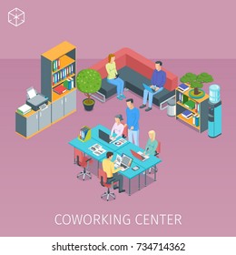 Isometric banner on theme creative people working in coworking center. Highly detailed illustration