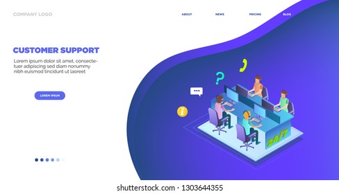 Isometric banner with Online support concept. Support service help assistance guidance. Call center agent browsing. Flat Female and  Male support and client service staff worker. - Vector