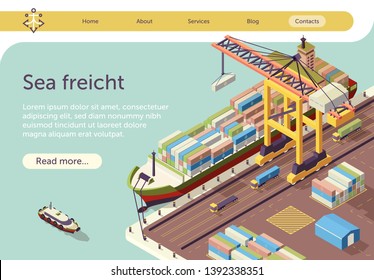 Isometric Banner Representing Sea Freight. Water Transport in Port Vector 3d Illustration. Steel Container Loading on Industrial Ship by Crane. Mockup with Place for Advertising Text. Cargo Logistics