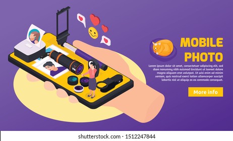 Isometric banner with smartphone and tools for making and printing photo and selfie 3d vector illustration