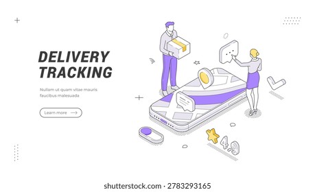 Isometric banner template for delivery tracking service. Logistics and shipping vector illustration. A concept for order tracking, package transportation, and e-commerce online shop app