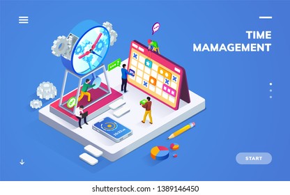 Isometric banner for time management or schedule with people near clock and calendar. Sign or banner for office planner or smartphone application, GTD method. Business planning. Scheduler theme