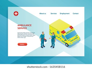 Isometric banner with two doctors and yellow ambulance car 3d vector illustration