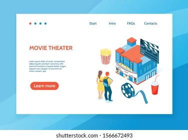 Isometric banner with two people going to cinema popcorn drink reel and clapper 3d vector illustration