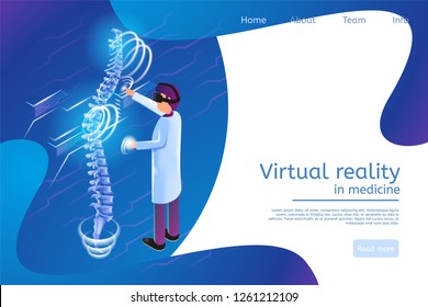 Isometric Banner Virtual Reality in Medicine 3d. Vector Illustration Man Doctor Studying Problems Spine Patient. Doctor Uses Virtual Reality Glasses Detailed Diagnosis Projection Spine