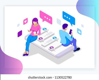 Isometric banner of virtual relationships and online dating and social networking concept. Happy friendship day Teenagers chatting on the Internet.