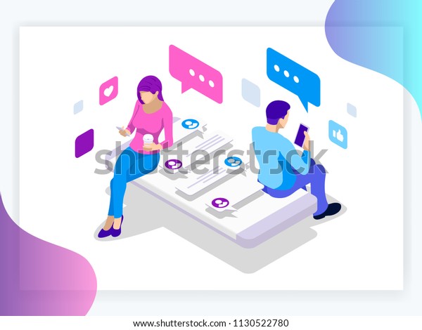 Isometric banner of virtual relationships and\
online dating and social networking concept. Happy friendship day\
Teenagers chatting on the\
Internet.