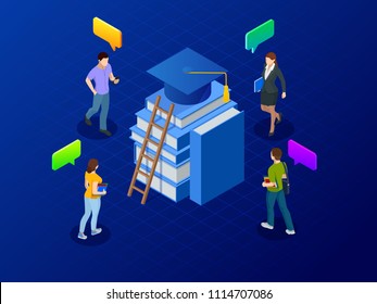Isometric banner for web Education in Global world, online learning concept. Books step education. Vector illustration.