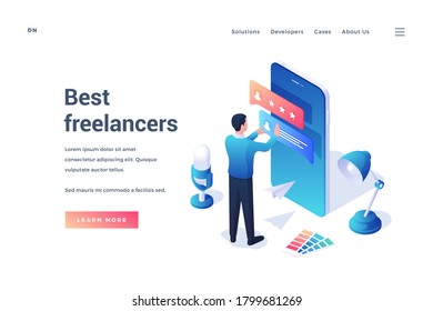 Isometric banner of website with service of best freelancers and employer searching for remote worker using app on mobile phone