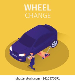 Isometric Banner Wheel Change Service in Garage. Skilled Master Replaces Brake Shoes on Sedan Car Standing on Jacks. Season Tire Changing or Braking System Fix Process. Vector 3d Illustration.