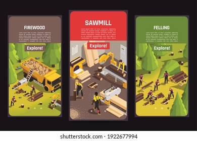 Isometric banners with sawmill process of felling and firewood cutting 3d isolated on black background vector illustration