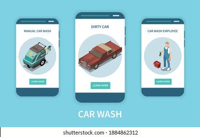 Isometric banners set with car wash employee and dirty passenger car isolated on blue background 3d vector illustration