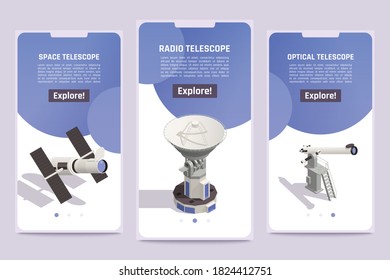Isometric banners set with professional space radio and optical telescopes for exploring astronomy objects 3d isolated vector illustration