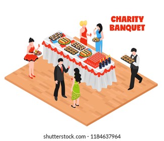 Isometric banquet composition with human characters of guests and waiter with table full of different food vector illustration