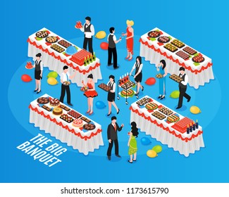 Isometric banquet composition with people in their best turn-outs and tables with lots of food vector illustration 