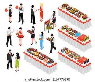 Isometric banquet reception dinner party set of isolated human characters and long tables with various dishes vector illustration