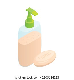 Isometric bar and bottle of liquid soap on white background 3d vector illustration