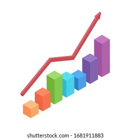 Isometric bar chart with growing arrow isolated on white background. Graph for report data or business infographics. Square column diagram graph layout for presentation design in 3d isometric style.