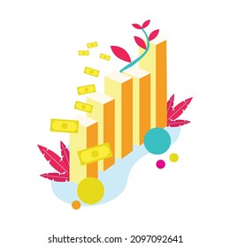 Isometric bar chart illustration with plants, circles, and money falling from above. Illustration for business, economy, finance, or accounting related. Illustration for presentation or web banner.