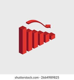 Um vetor de gráfico de barras isométrico que ilustra um declínio de negócios ou uma tendência negativa. Este gráfico mostra uma redução passo a passo dos dados com uma seta curva apontando para baixo