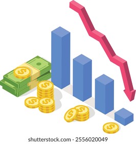 Isometric bar graph is decreasing, showing financial crisis with stack of dollar banknotes and coins, demonstrating economic downturn and financial instability