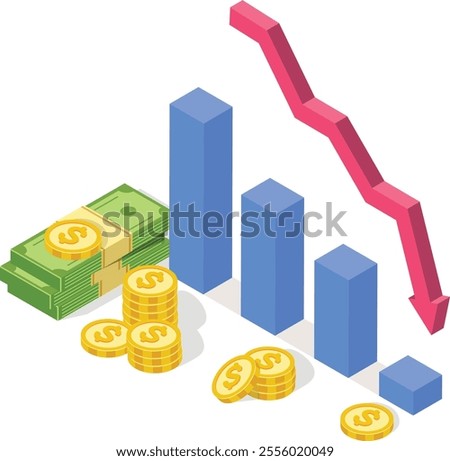 Isometric bar graph is decreasing, showing financial crisis with stack of dollar banknotes and coins, demonstrating economic downturn and financial instability