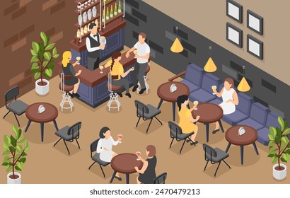 Isometric bar. People meeting and drinking cocktails in cafe. Couple on date, friends have communication and drink wine. Flawless vector scene