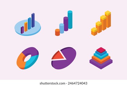 Isometric Bar, pie, pyramid chart vector illustration. isometric colorful vector graph with increasing business growth and analysis theme