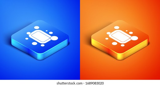 Isometric Bar of jabón icono aislado en fondo azul y naranja. Jabón con burbujas. Botón cuadrado. Ilustración vectorial
