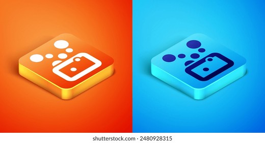 Isometric Bar of soap icon isolated on orange and blue background. Soap bar with bubbles.  Vector