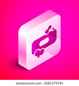 Isometric Bar of soap icon isolated on pink background. Soap bar with bubbles. Silver square button. Vector Illustration