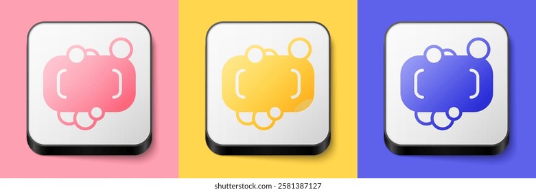 Isometric Bar of soap icon isolated on pink, yellow and blue background. Soap bar with bubbles. Square button. Vector