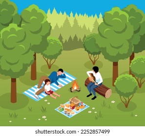 Isometric barbecue concept with people near forest bonfire vecto4r illustration
