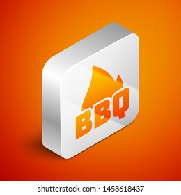 Isometric Barbecue fire flame icon isolated on orange background. Heat symbol. BBQ grill party. Silver square button. Vector Illustration