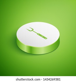 Isometric Barbecue fork icon isolated on green background. BBQ fork sign. Barbecue and grill tool. White circle button. Vector Illustration 
