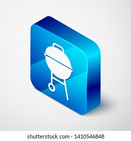 Isometric Barbecue grill icon isolated on white background. BBQ grill party. Blue square button. Vector Illustration