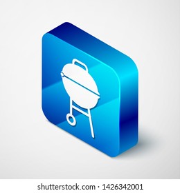Isometric Barbecue grill icon isolated on white background. BBQ grill party. Blue square button. Vector Illustration
